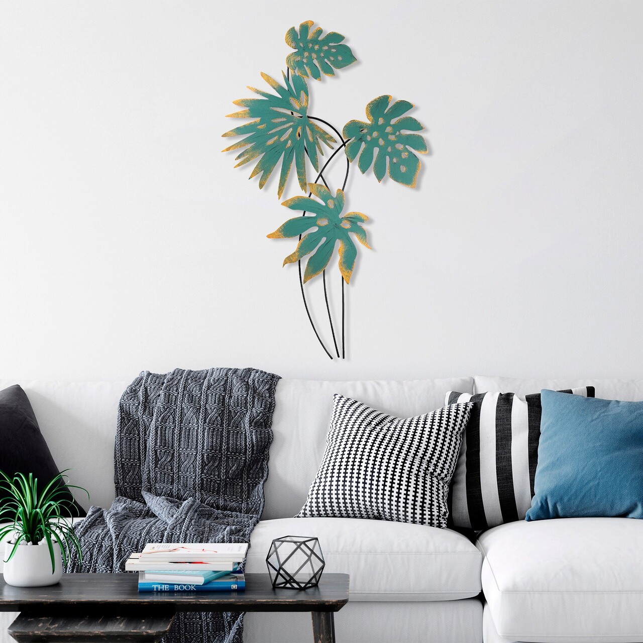 Decoratiune de perete, Monstera, Metal, Dimensiune: 66 x 111 cm, Turcoaz / Galben - 1 | YEO
