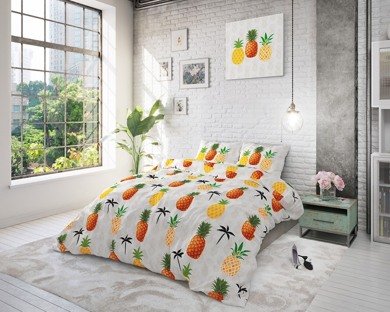 Lenjerie De Pat Dubla Pineapple White, Sleeptime, 3 Piese, Cotton Blended, Multicolora