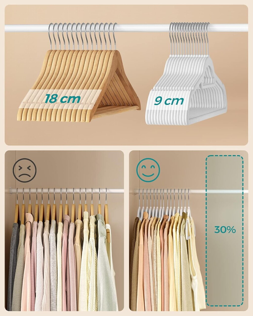 Set 20 umerase catifelate, Songmics, antialunecare, max 5 kg, cu bara pentru cravate, alb - imagine 8