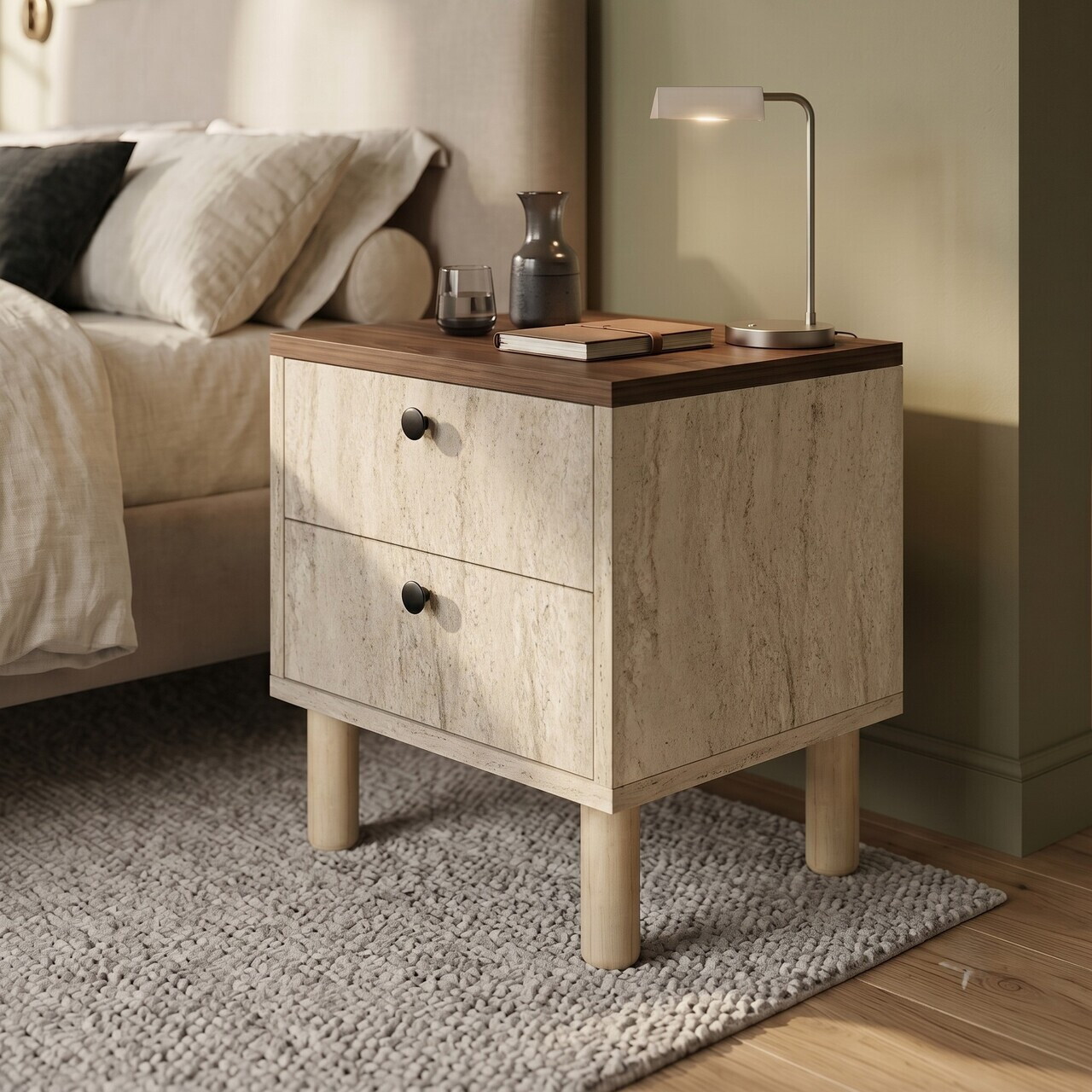 Noptiera, Hanah Home, Rayme, 44.5x49.5x40 cm, Travertin / Nuc Venezia — imaginea 2