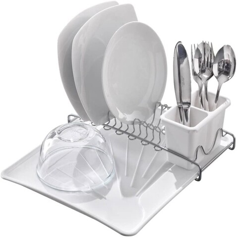 Scurgator vase cu suport pentru tacamuri Space Tex, Metaltex, 12 x 31 x 35 cm, inox/plastic, alb/argintiu