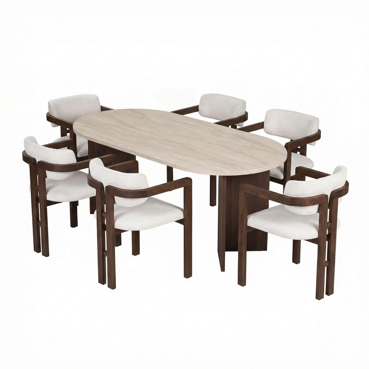 Set masa si scaune (7 piese), Nordure, Meridia 6, Travertin / Nuc Milano / Nuc Închis / Alb — imaginea 3