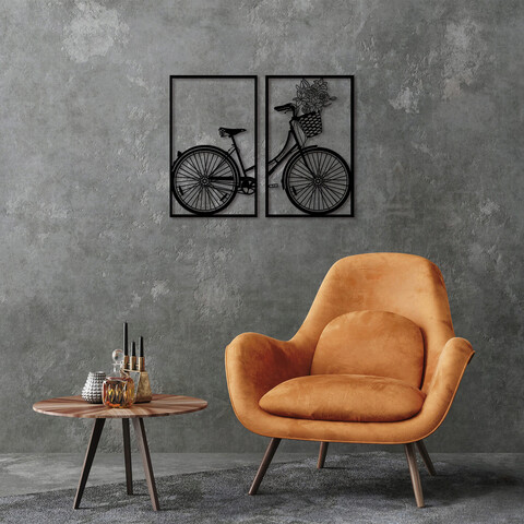 Decoratiune de perete, nostalgic bike, metal, 43 x 70 cm, 2 piese, negru