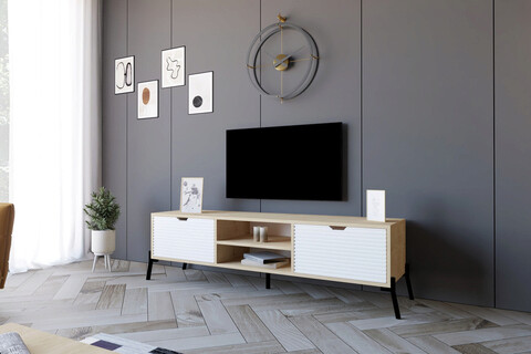 Comoda TV, Puqa Design, Nost, 160x41x40 cm, PAL, Stejar Safir / Alb mezoni.ro