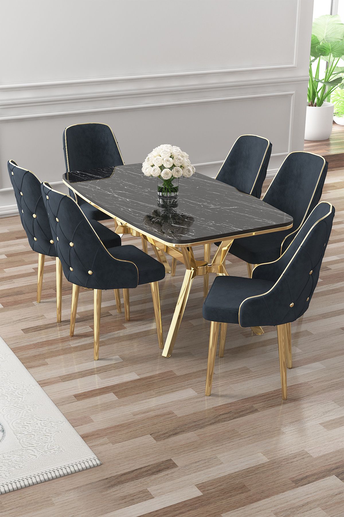 Set masa si scaune (7 piese), Hanah Home, Asel, Sonata / Auriu / Antracit