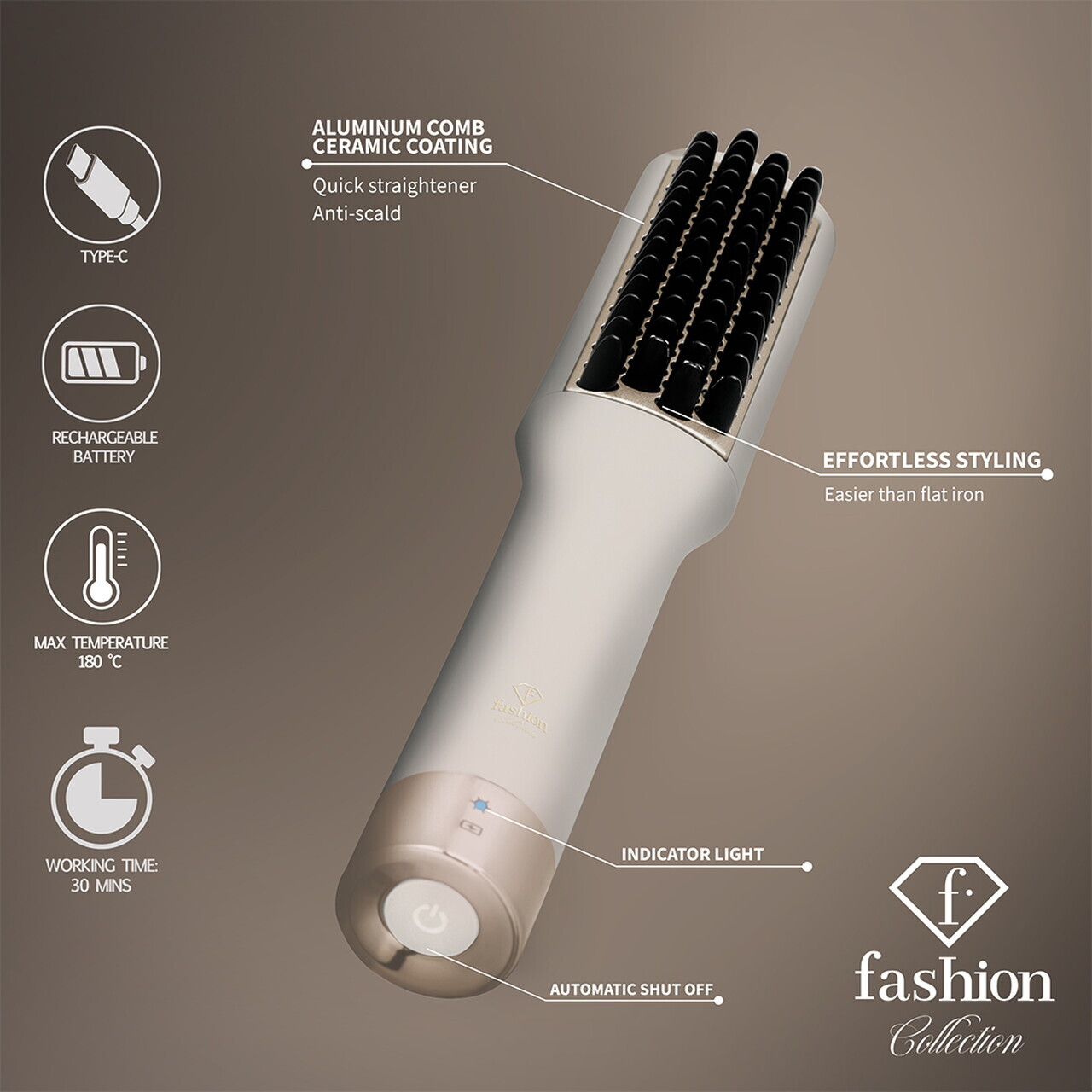 Mini pieptene pentru indreptat parul Fashion TV, Matte Cream-Gold, 180°C, invelis ceramic, crem - imagine 6