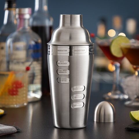 Shaker cu retete de cocktailuri integrate Maxer InnovaGoods, 9 x 24 cm, 500 ml, inox InnovaGoods