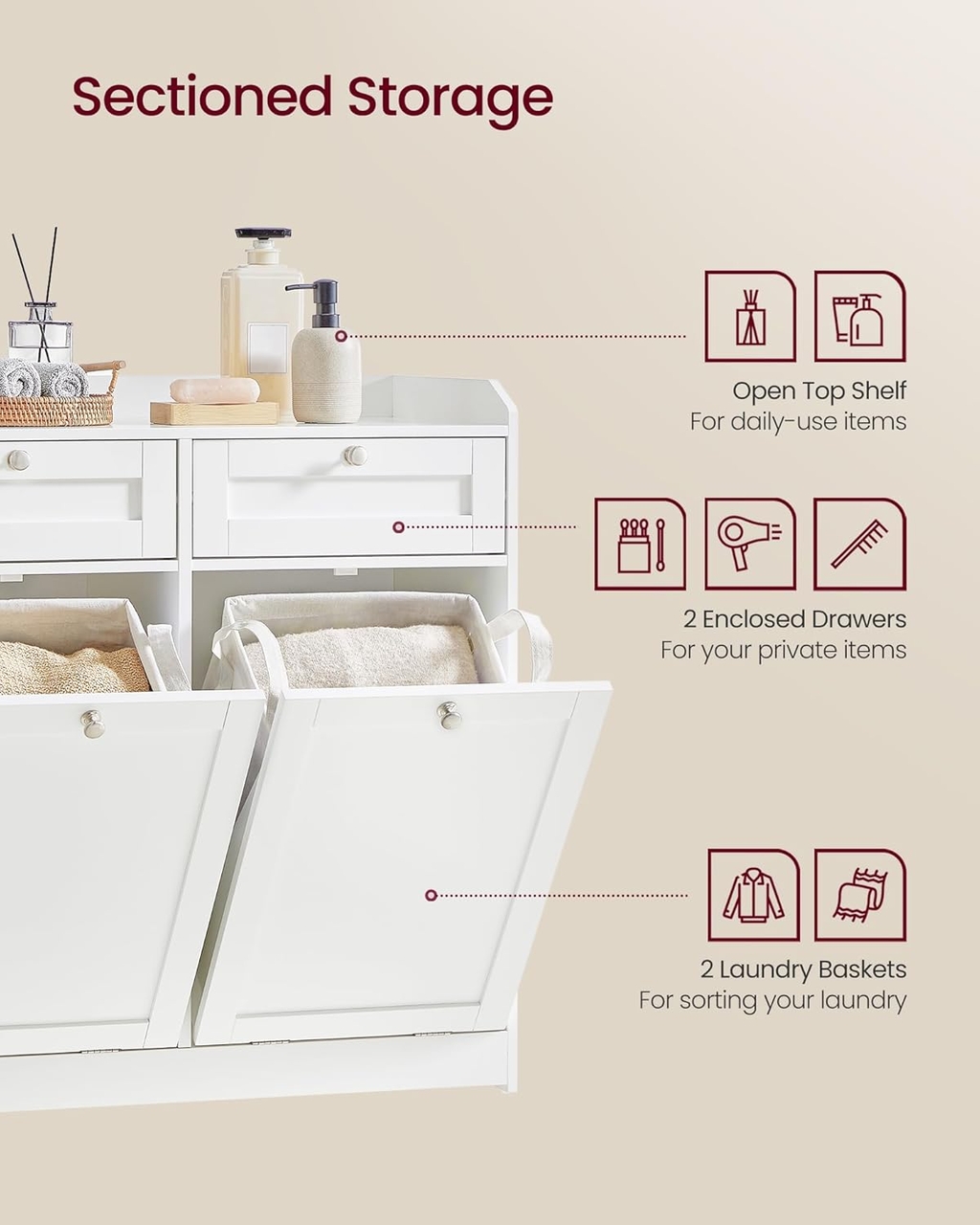 Dulap de baie cu 2 cusuri de rufe integrate, Vasagle, 78.9x40x80 cm, MDF/poliester, alb cloud