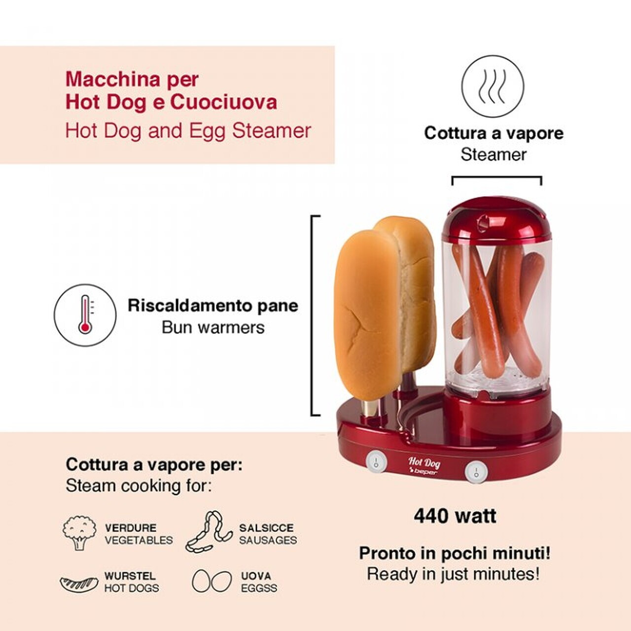 Aparat de preparat hot dog si fierbator oua, 3 in 1, Beper, 440W, rosu - view 5