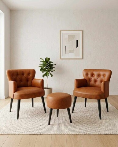 Set fotoliu cu aripioare și puf (3 piese), Atelier del Sofa, 281ELR1187, Bej