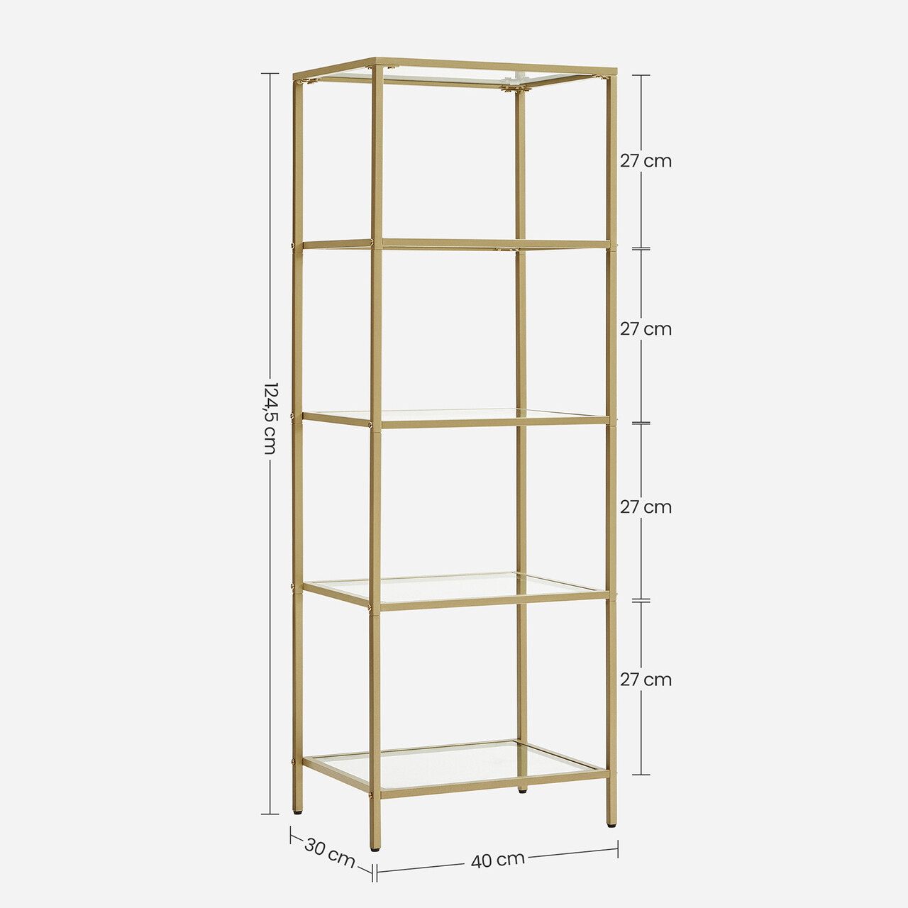 Corp biblioteca cu 5 rafturi, Vasagle, 40x30x124.5 cm, fier/sticla temperata, auriu - 1 | YEO