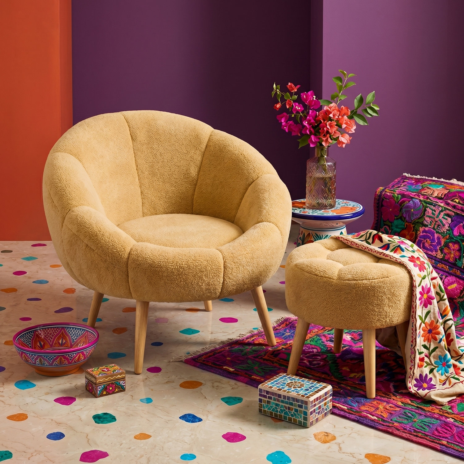 Set fotoliu cu aripioare și puf (2 piese), Atelier del Sofa, 666HAC5103, PAL, Maro