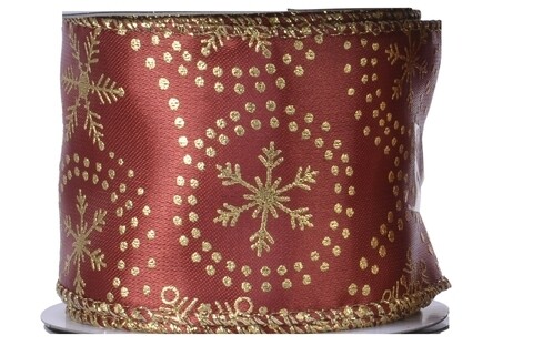 Panglica decorativa Snowflake satin, Decoris, 270x6.3 cm, poliester, rosu/auriu