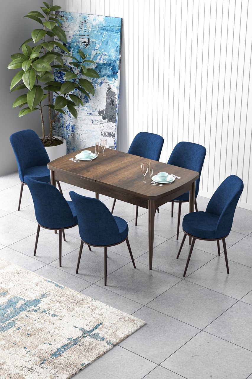 Extendable Dining Table &amp; Chairs Set (7 Pieces), Hanah Home, Zen, Baroc / Albastru marin