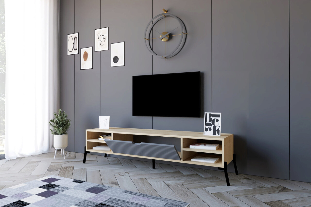Comoda TV, Puqa Design, Santa, 160x36x40 cm, PAL, Stejar safir / Antracit - 1 | YEO