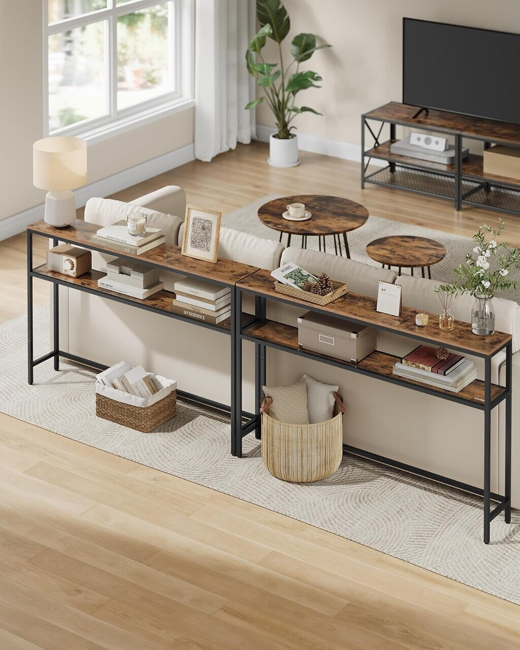 Consola cu 2 rafturi, Vasagle, 120x20x80 cm, PAL/otel, maro rustic/negru - imagine 7