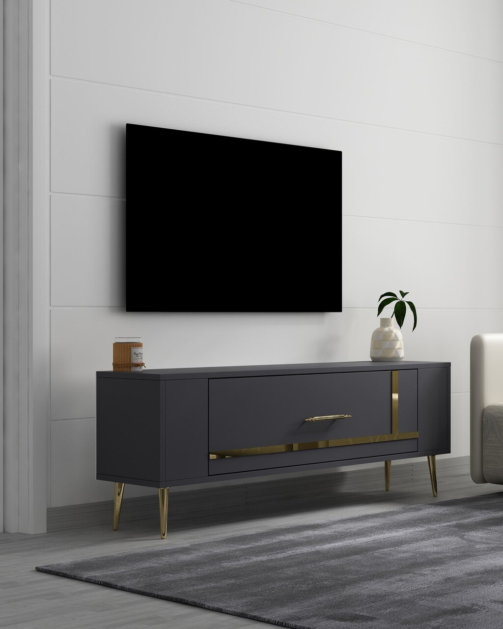 Comoda TV, Olivia, Retrop1, Antracit / Aur - 1 | YEO