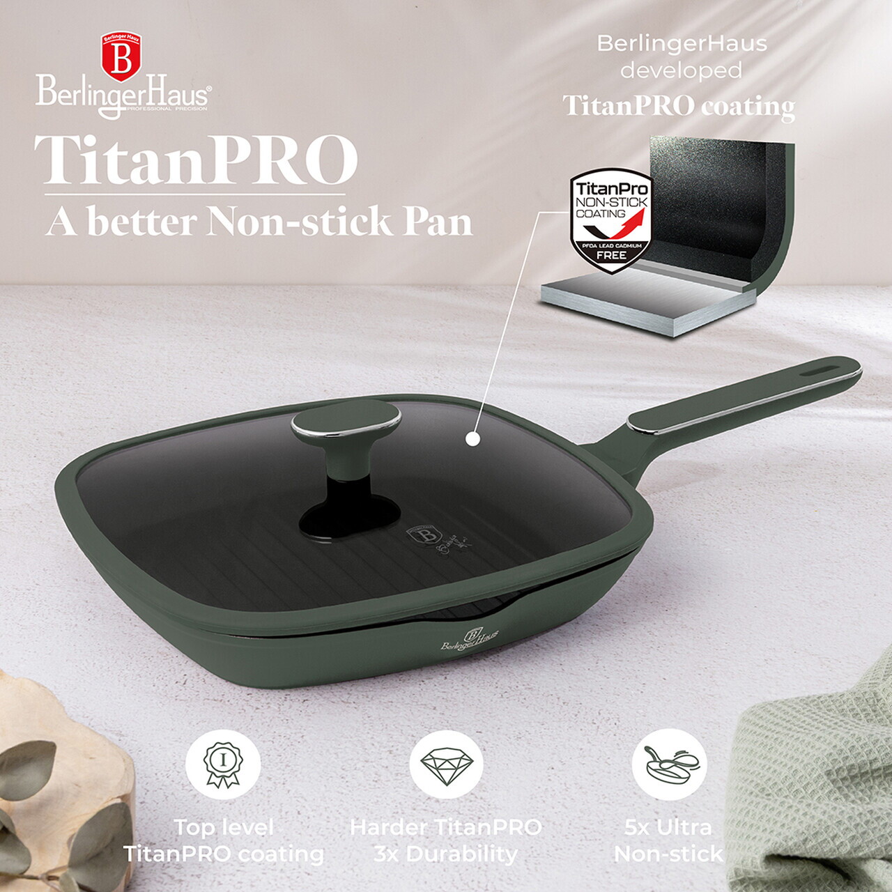 Tigaie grill cu capac Berlinger Haus, Matte Green, 28 cm, 2.1 L, aluminiu forjat, verde mat - imagine 9