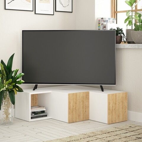 Comoda TV, Decortie, Compact, 90 x 32 x 92 cm, pal melaminat, alb/stejar alb-stejar