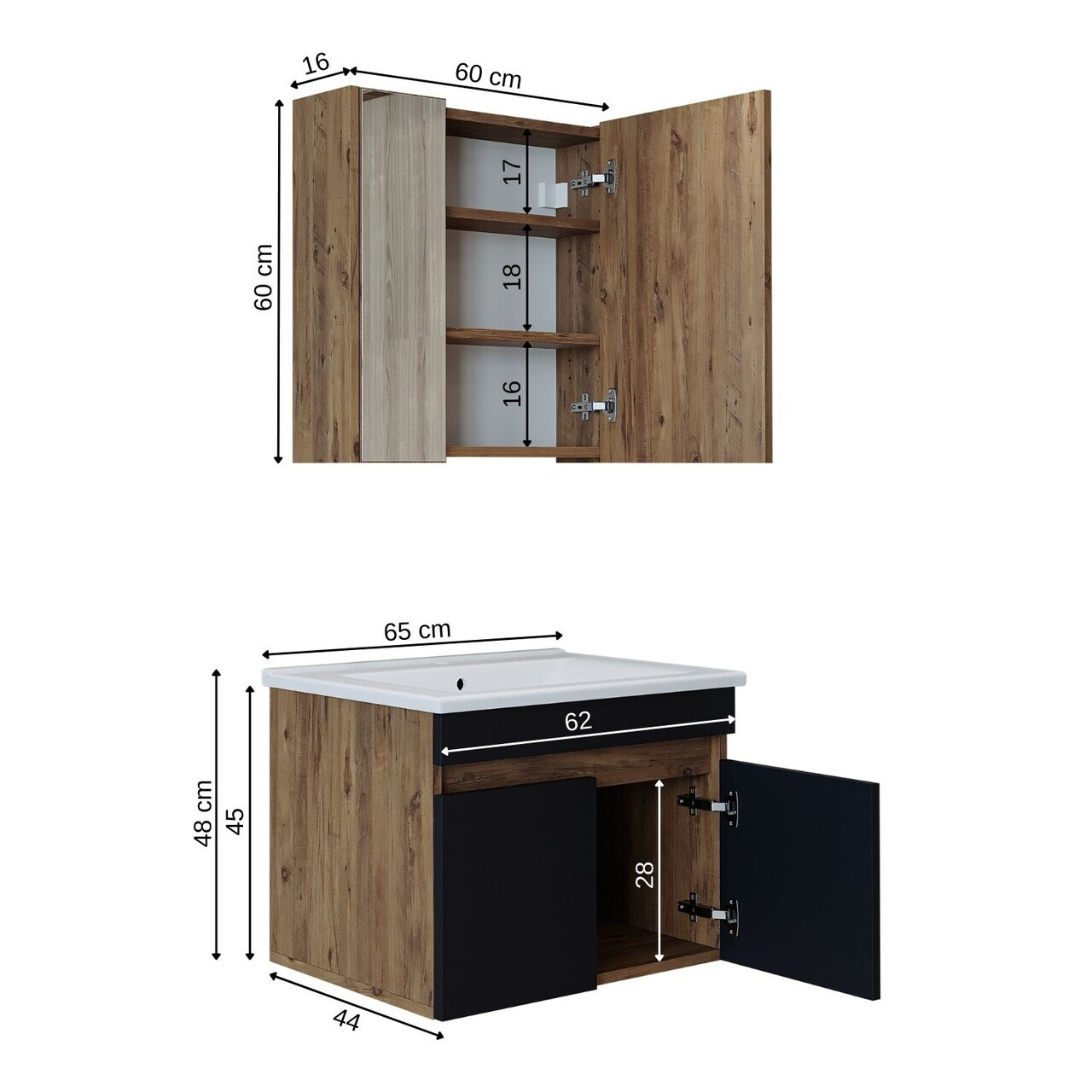 Set Dulap de Baie cu Chiuvetă și Oglindă (2 Piese), Hanah Home, 1906, MDF-LAM, Pin Atlantic / Antracit — imaginea 7