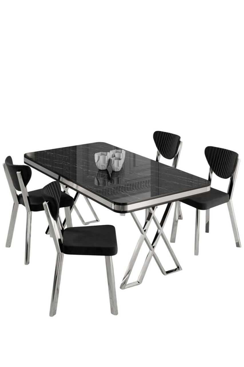 Set masa si scaune (5 piese), Hanah Home, Raja, Model de marmură neagră / Crom / Negru — imaginea 2