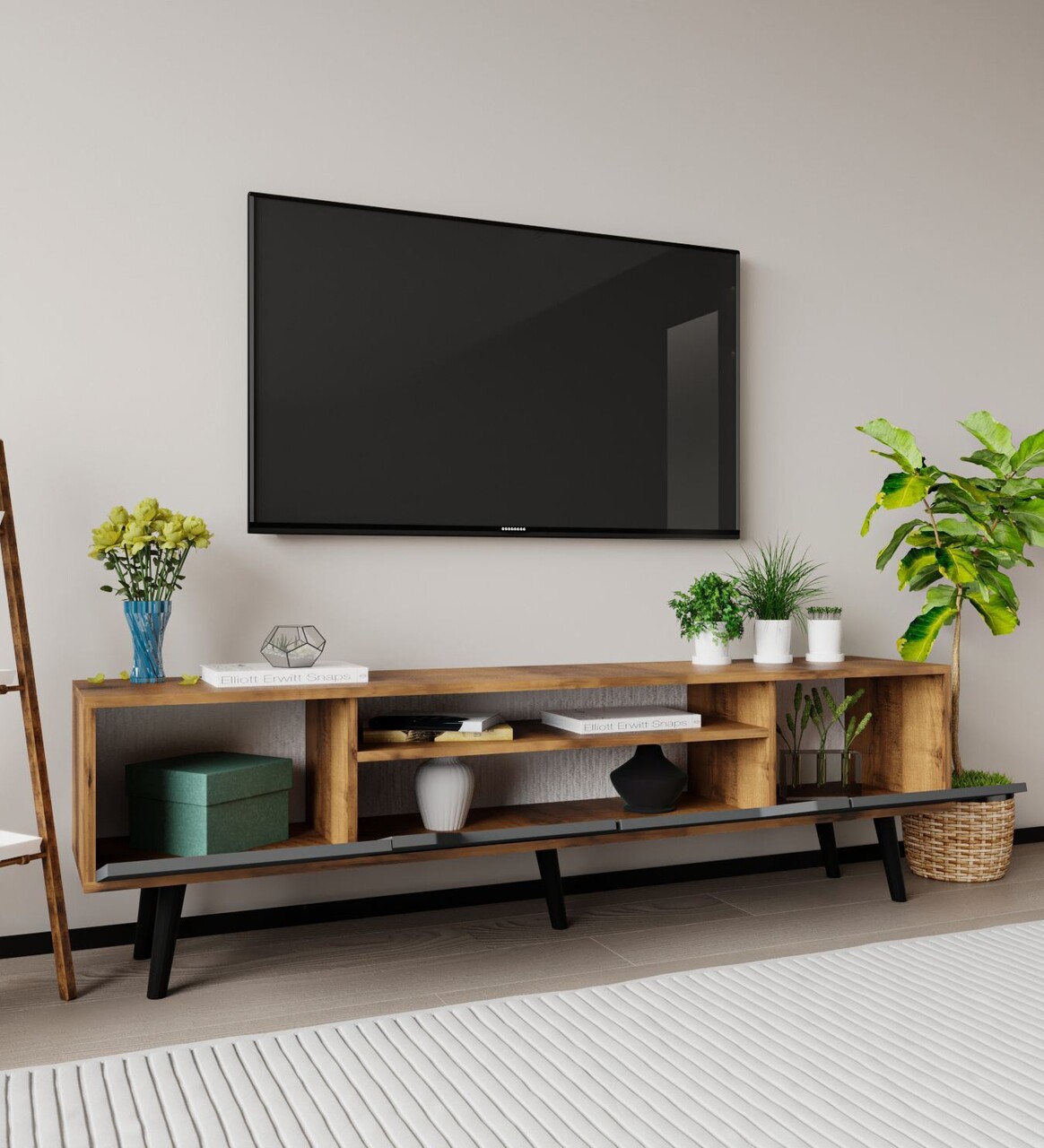 Comoda TV, Hanah Home, Roma 180, 180x48x29.8 cm, PAL, Nuc / Antracit - imagine 3