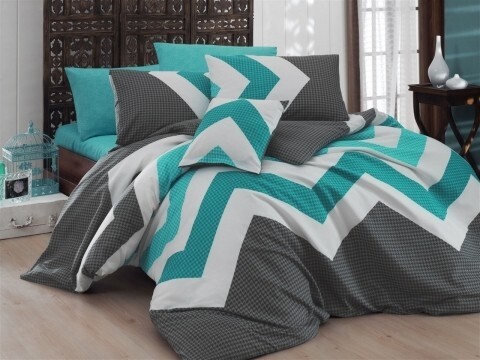 Lenjerie de pat dubla, 4 piese, amestec bumbac, Nazenin Home, Kendy Grey, alb/turcoaz/gri