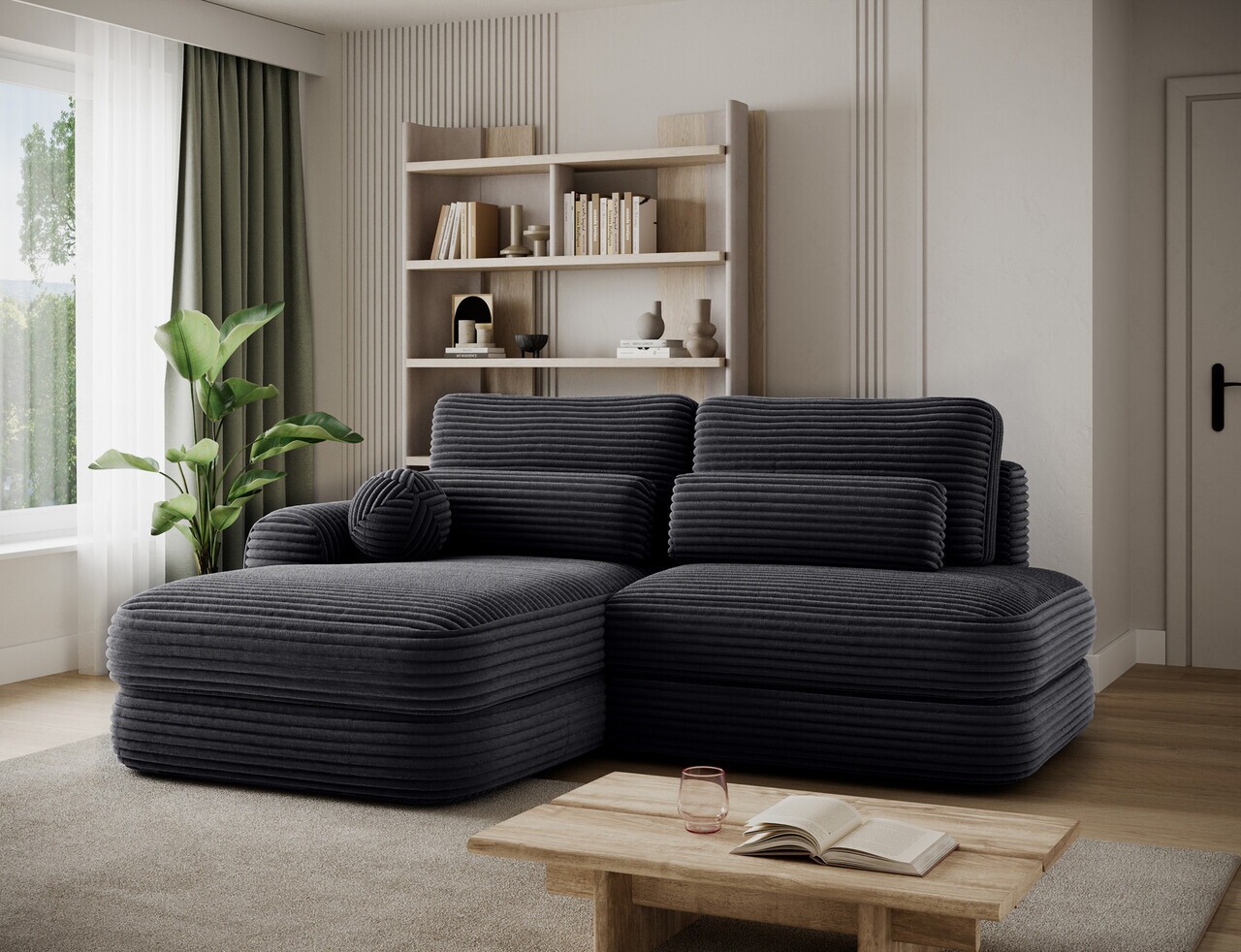 Coltar extensibil stanga 3 locuri ELTAP, Ripeli, 217x175x96 cm, lemn/catifea din poliester, negru — imaginea 2