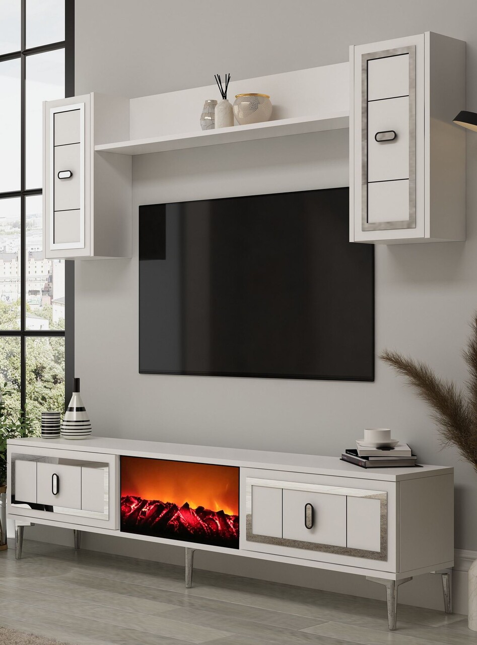 Comoda TV, Hanah Home, Orion Fireplace, 150x44.6x29.6 cm, PAL , Alb / Argintiu - imagine 2
