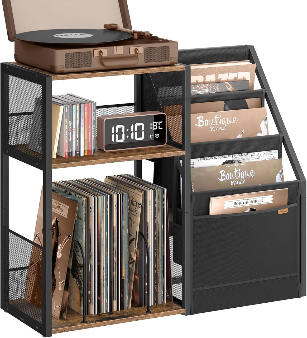 Suport pentru pick-up, Vasagle, spatiu depozitare pana la 140 discuri, 81x30x69 cm, maro rustic - imagine 2