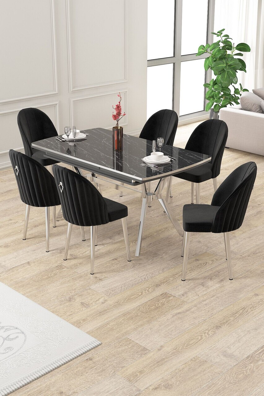 Set masa extensibila si scaune (7 piese), Hanah Home, Sim, Model de marmură neagră / Crom / Negru