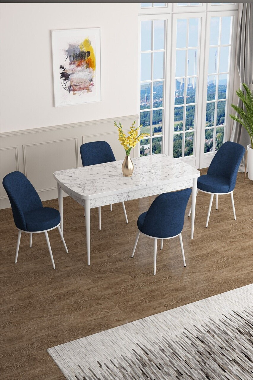 Set masa extensibila si scaune (5 piese), Hanah Home, Han, Model de marmură albă / Bleumarin