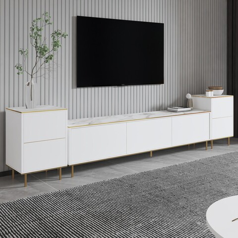 Comoda TV, Inarch, Imaj, 180x45.2x35 cm, PAL, Marmură albă/aur