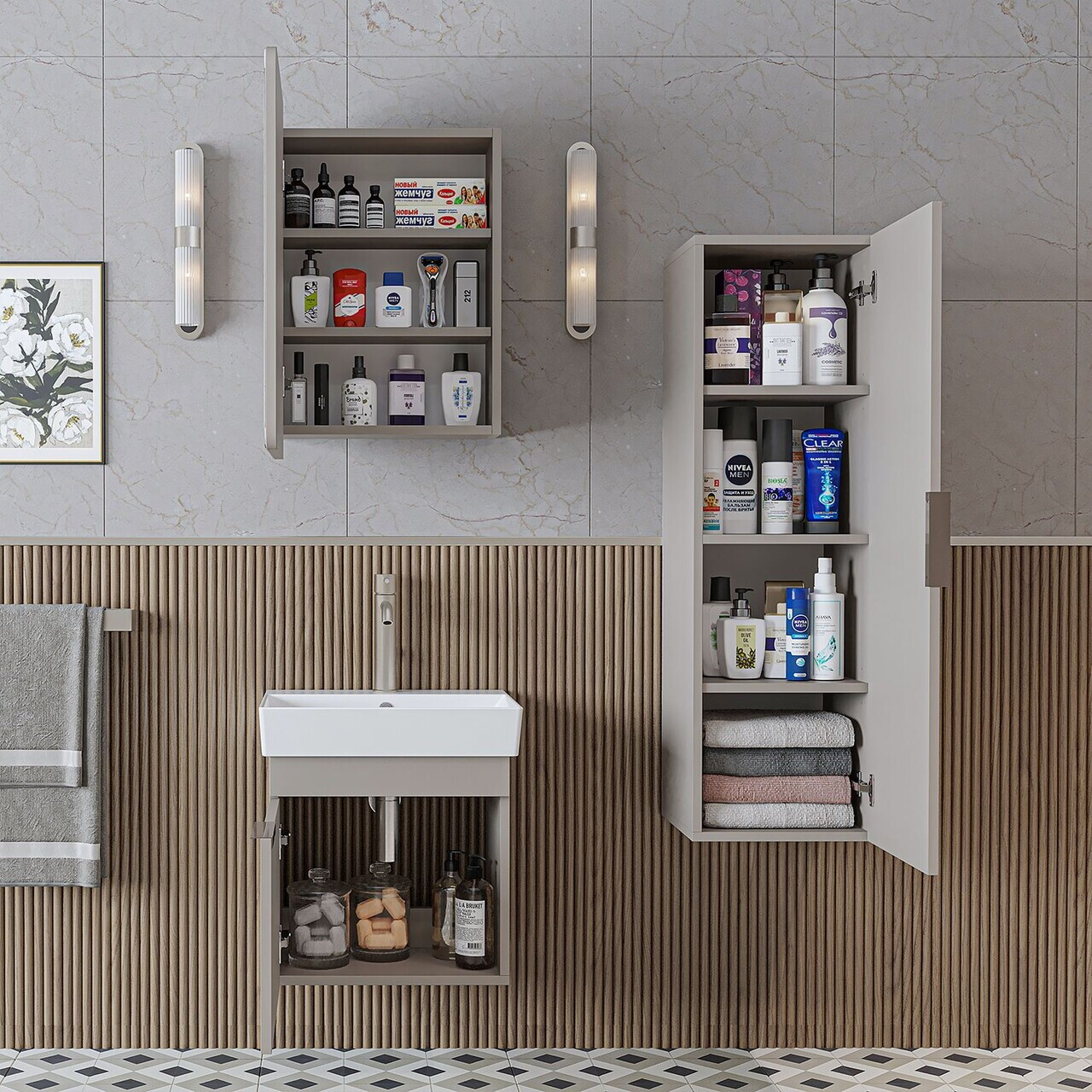 Set Dulap de Baie cu Chiuvetă și Oglindă (3 Piese), Hanah Home, 2939, PAL MELAMINAT, Gresie — imaginea 4
