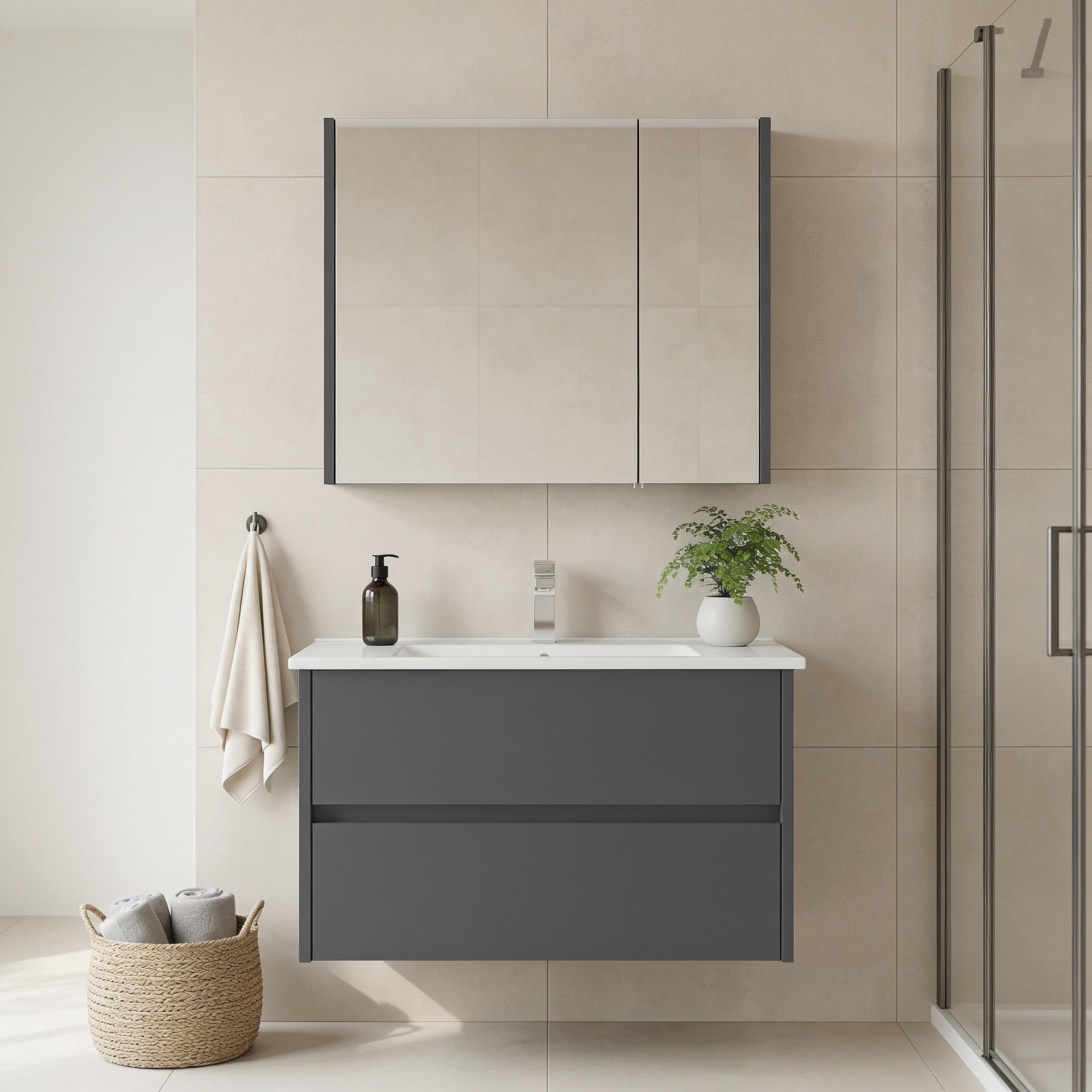Set Dulap de Baie cu Chiuvetă și Oglindă (2 Piese), Hanah Home, Arno 85, Gri