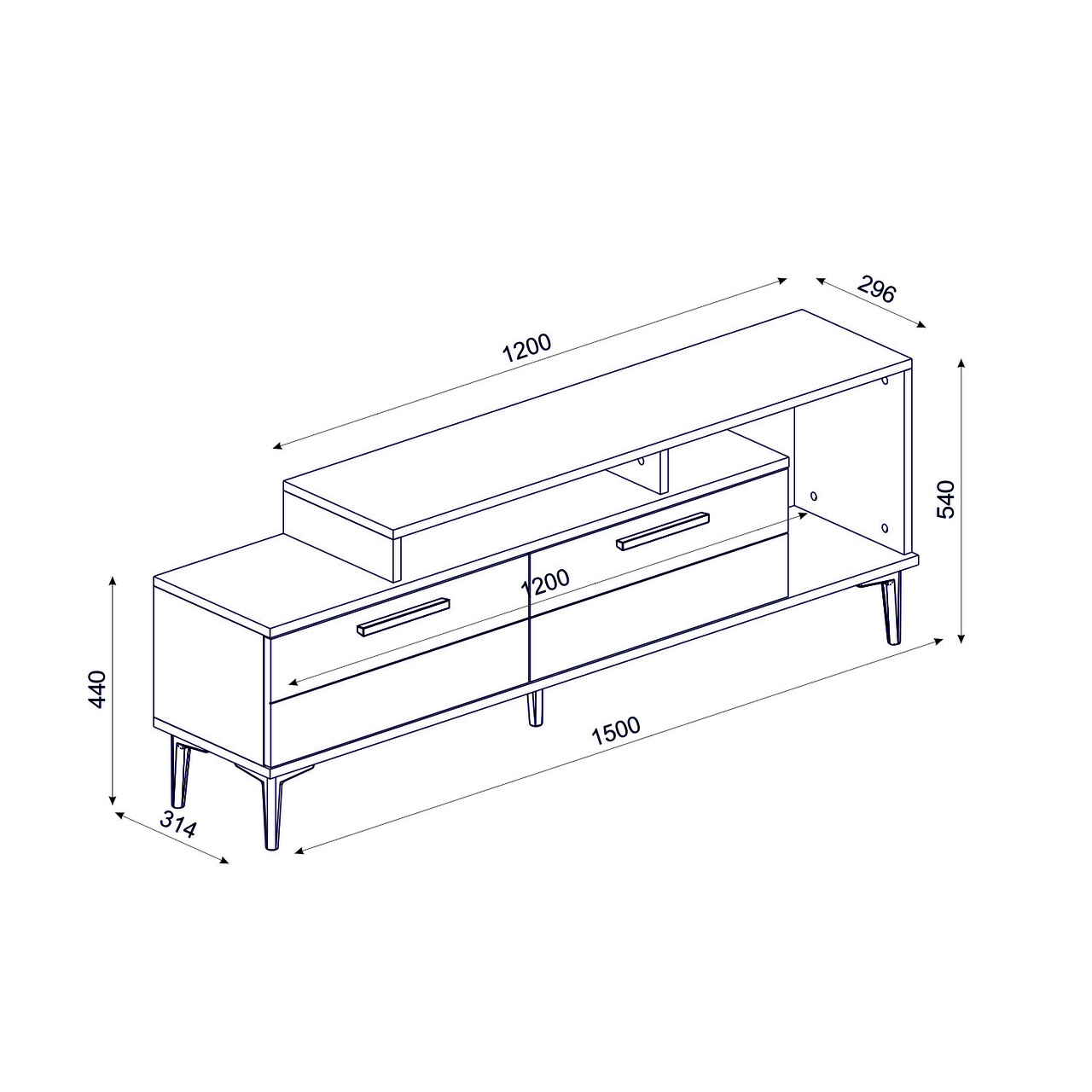 Comoda TV, Olivia, Niva, 150x54x31.4 cm, PAL, Stejar safir / Antracit