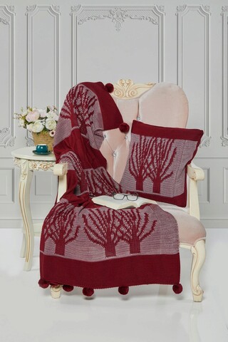 Set patura si perna Single Tricot 130x170 cm, 45x45 cm, Ponpon - Claret Red, Evlen Home - Bedroom, Fibre acrilice