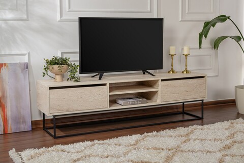 Comoda TV, Kalune Design, Escape 180 -Black, Travertin, Travertin / Negru