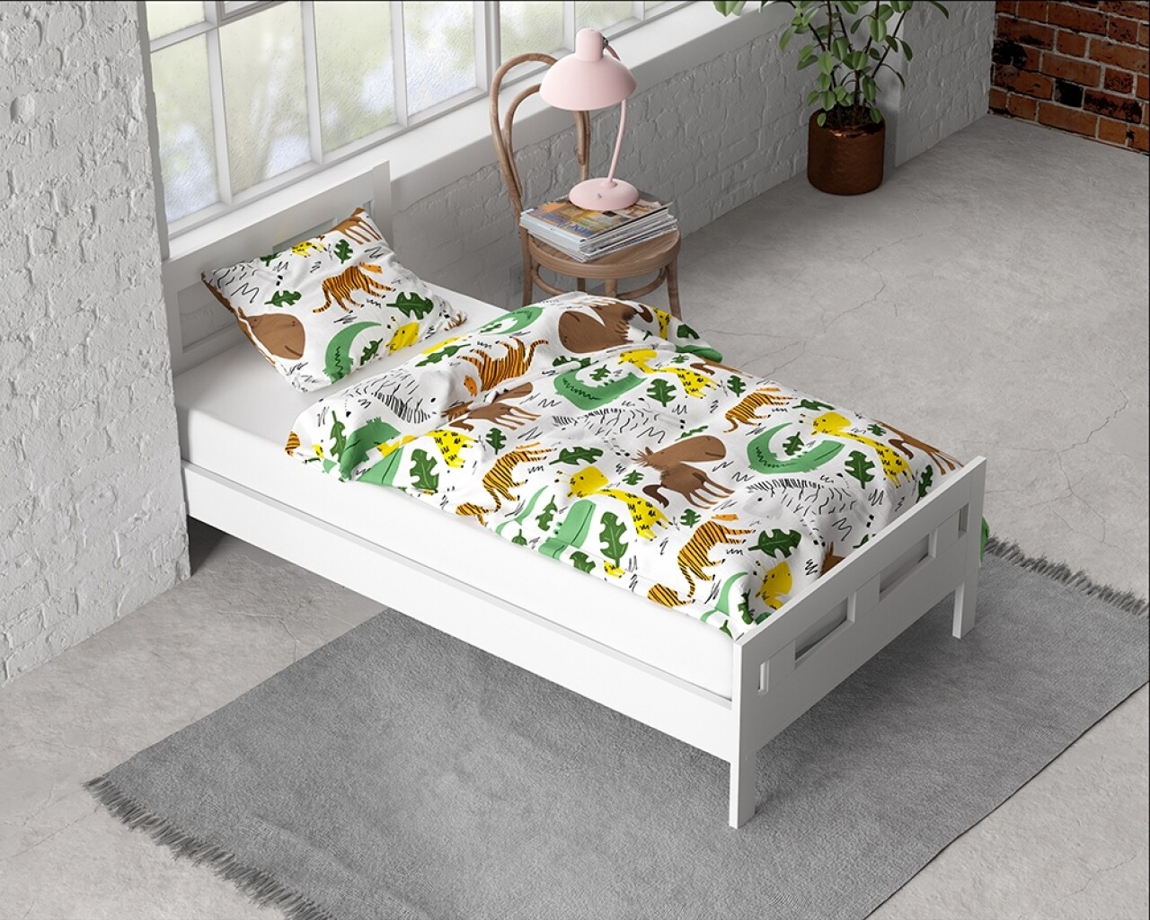 Lenjerie De Pat Pentru O Persoana, Small Zoo White, Royal Textile, 2 Piese, 140 X 200 Cm, 100% Bumbac Flanel, Multicolora