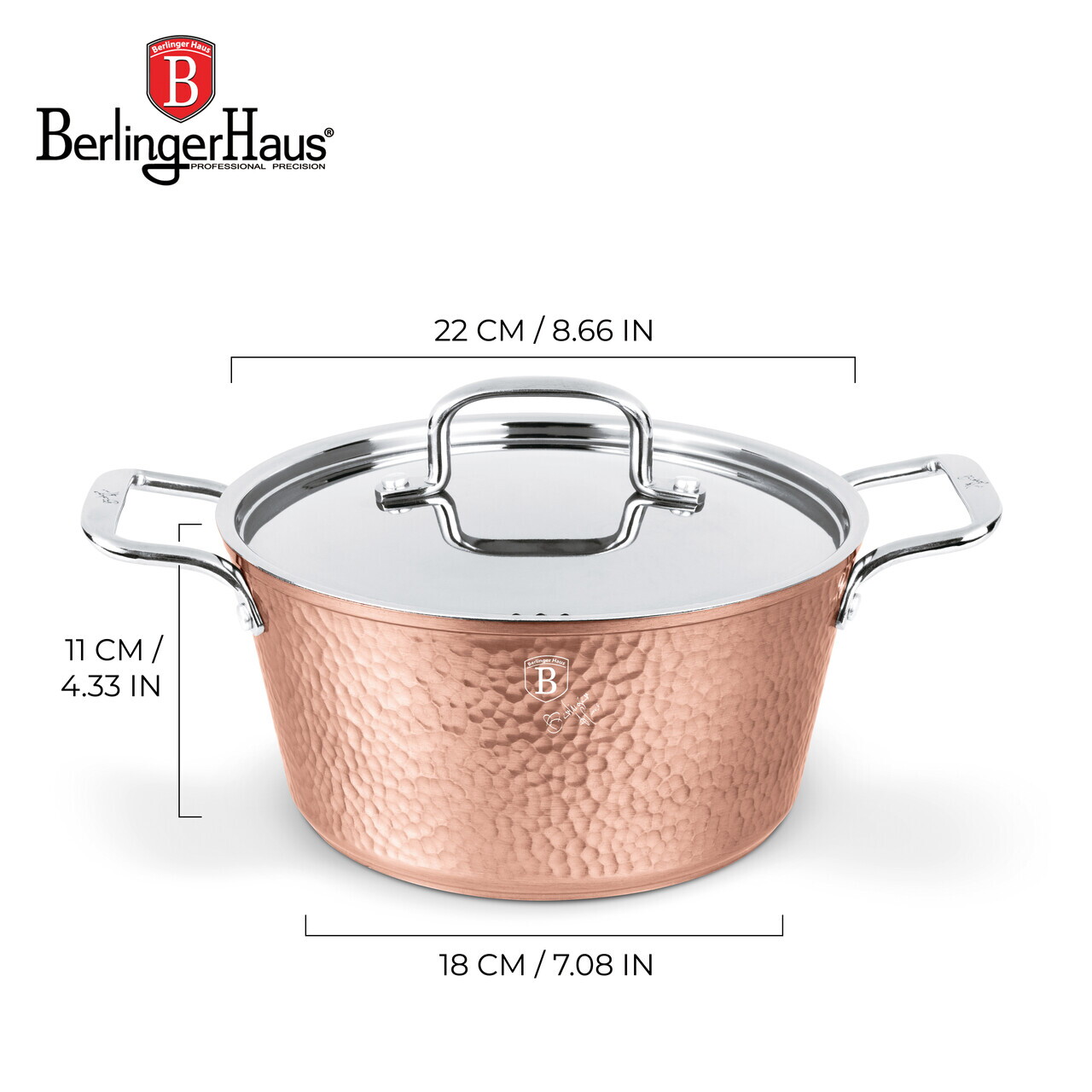Oala cu capac Berlinger Haus, Hammered Copper, 22 cm, 3.3 L, aluminiu forjat, cupru - view 5