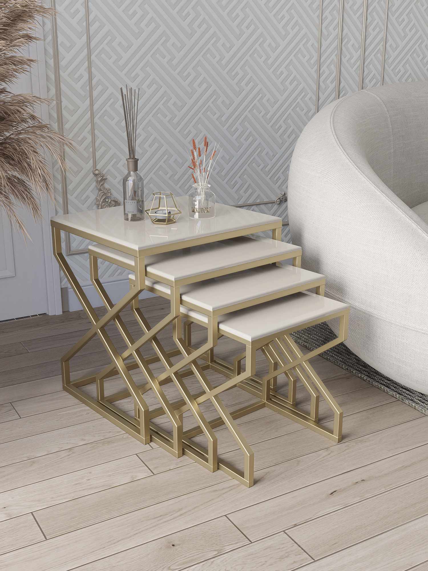 Set masute Nesting 4 piese, Hanah Home, Ela, Aur / Crem