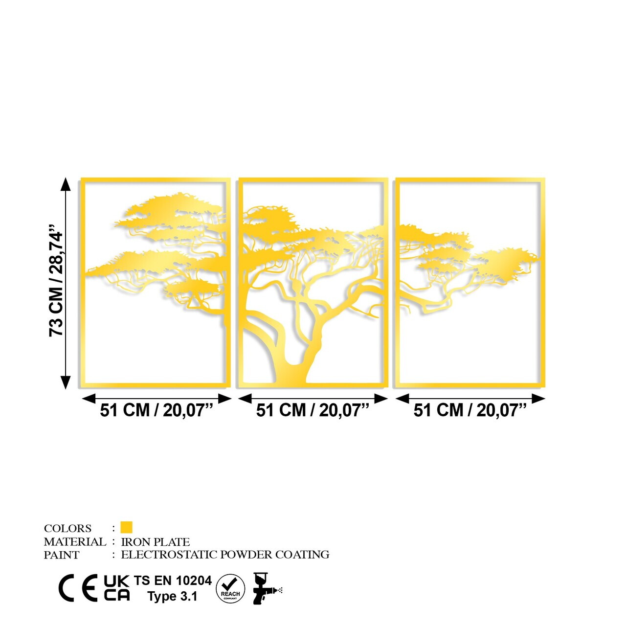 Decoratiune de perete, Golden Triple Tree 6, Dimensiune: 51 x 73 cm (3 bucăți), Auriu — imaginea 6