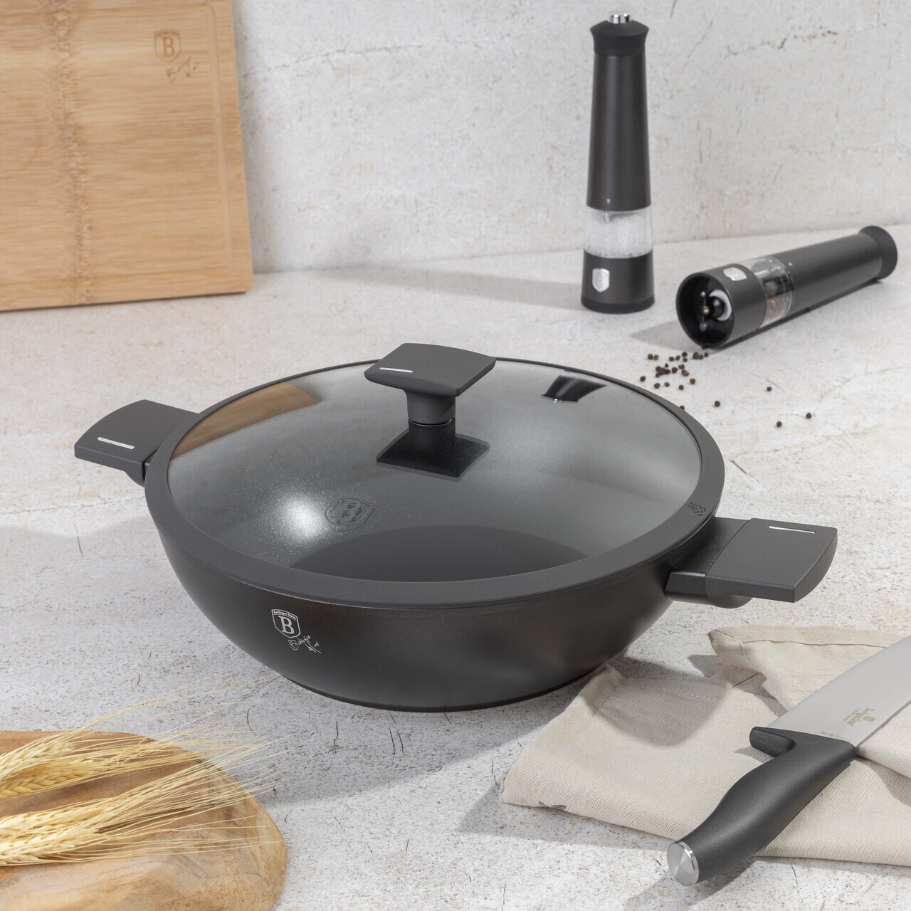 Tigaie Wok cu capac Berlinger Haus, Anthracite, 30 cm, aluminiu forjat, antracit mat - imagine 5