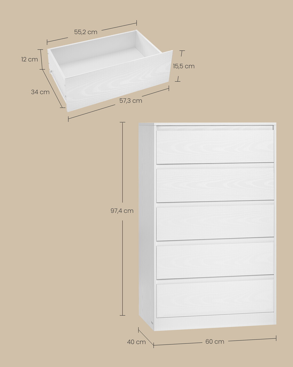Comoda cu 5 sertare Kailyn, Songmics, 60x40x97.4 cm, PAL/MDF, alb - imagine 4