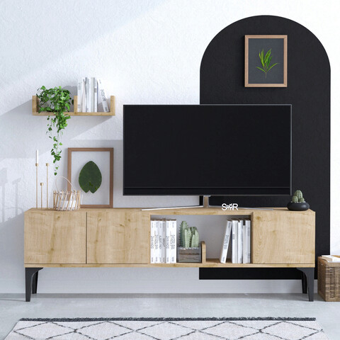 Comoda TV, Emerald, Vesta, 150x47x35 cm, Stejar safir / negru Emerald