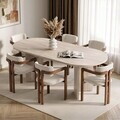Set masa extensibila si scaune (7 piese), Nordure, Aleria 6, Travertin / Nuc / Alb