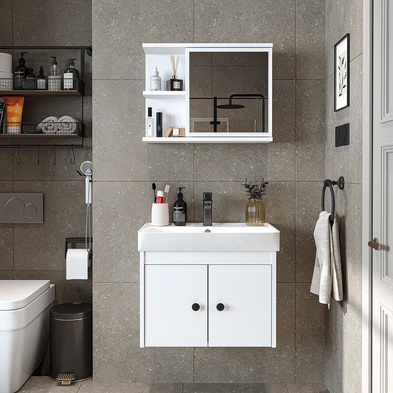 Set Dulap de Baie cu Chiuvetă și Oglindă (2 Piese), Hanah Home, 2677, PAL MELAMINAT, Alb — imaginea 2