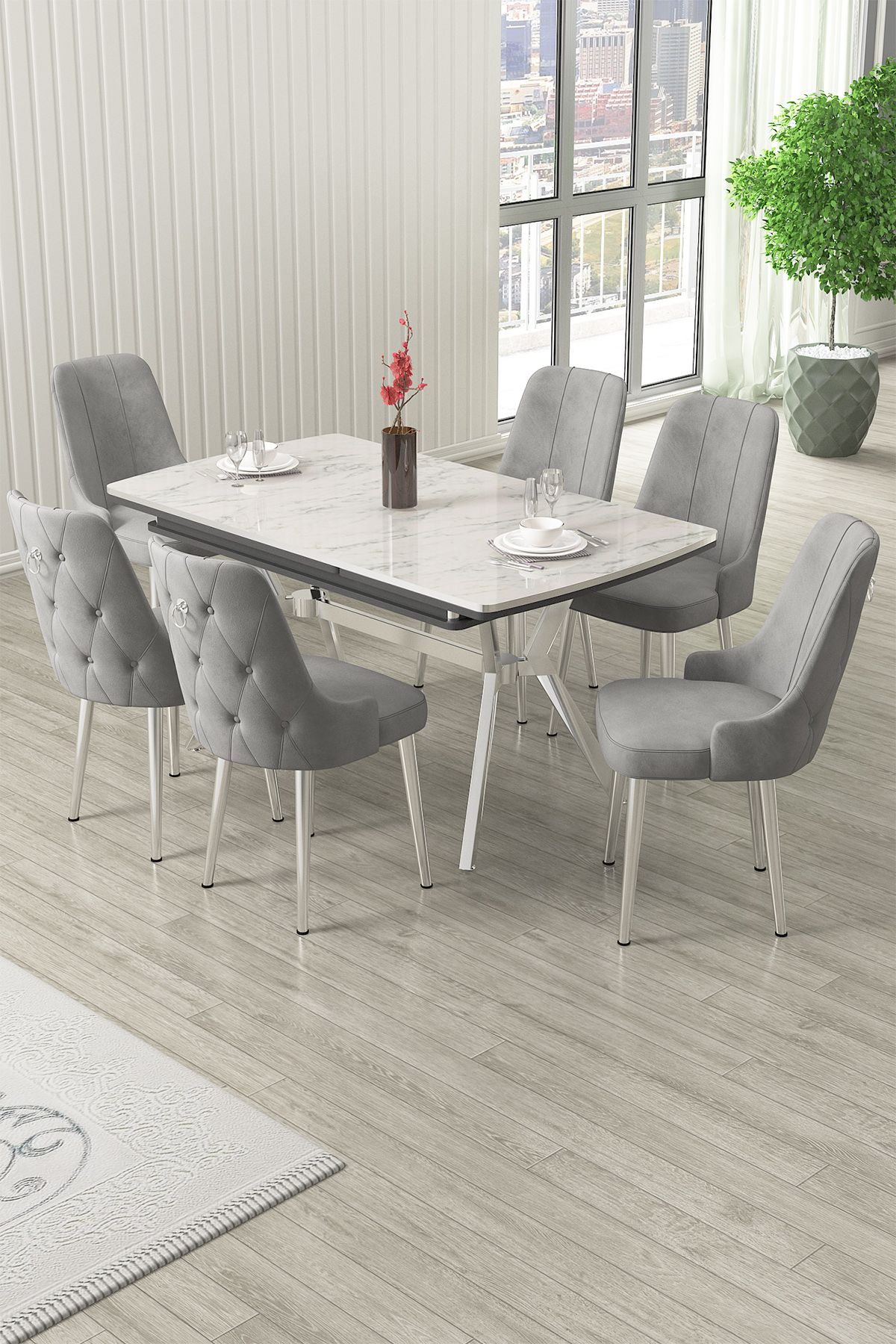 Set masa extensibila si scaune (7 piese), Hanah Home, Nis, Model de marmură albă / Crom / Gri