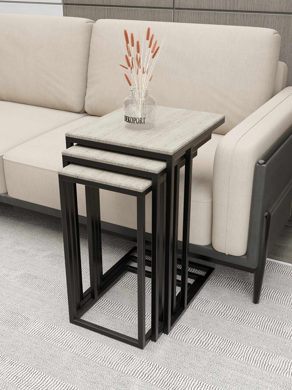 Set masute 3 piese, Hanah Home, Mira, Negru / Travertin — imaginea 2