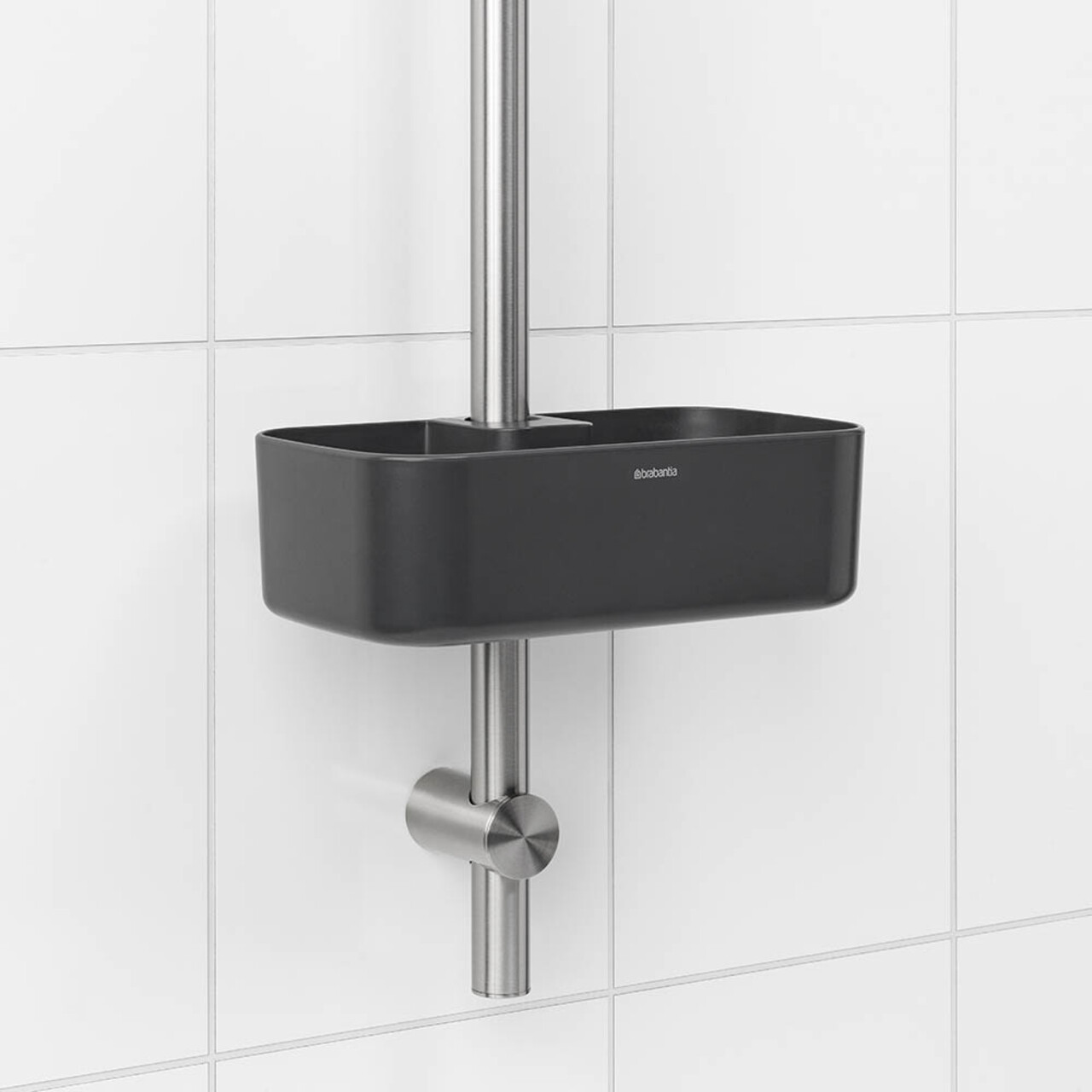 Suport baie cu montaj pe bara de dus, Brabantia, Caddy Dark Grey, 24.4x13.3x7.5 cm, polipropilena, gri inchis